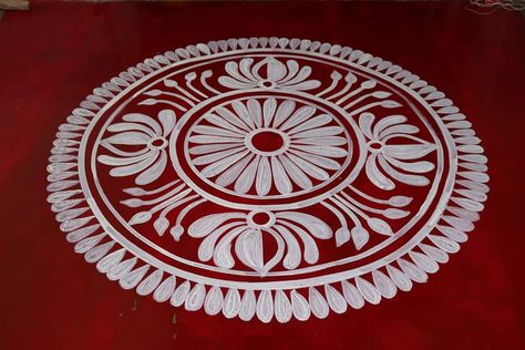 Alpana Art Design, Bengali Rangoli Design, Diwali Alpona Design, Alpana Designs Bengali Simple, Simple Alpona Design Bengali, Diwali Alpona, Aipan Art Design, Bengali Rangoli, Alpana Designs Bengali