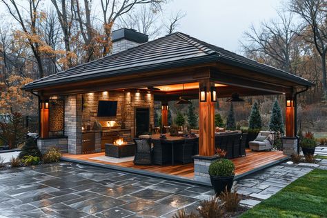 Outdoor Pavilion With Fireplace And Kitchen, Outdoor Fireplace Patio Covered, Fireplace Pavillion, Pavilion With Kitchen, Pool Gazebo Ideas, Pavilion With Fireplace, Cabana Backyard, Pavillion Backyard, Patio Pavilion