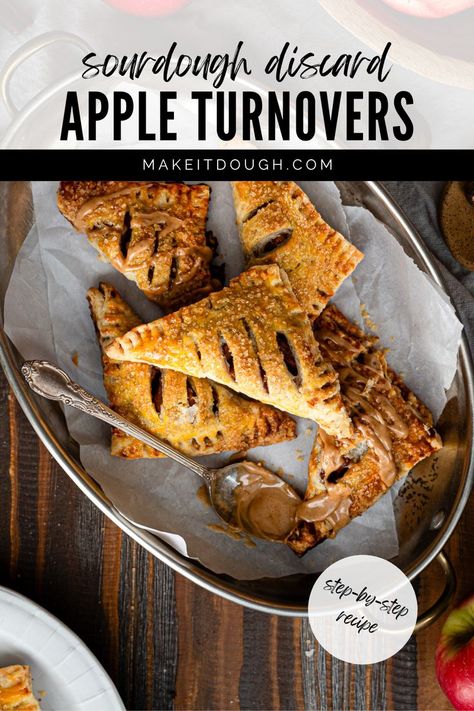 Learn how to make delicious sourdough apple turnovers from scratch using sourdough discard and a flaky, buttery homemade puff pastry. These turnovers are perfectly crisp with a sweet apple filling that will impress your family or guests. This easy recipe is great for using up leftover sourdough discard and makes a perfect fall dessert or snack. Visit makeitdough.com for more sourdough recipes and ideas. Apple Turnovers From Scratch, Apple Turnovers With Puff Pastry, Turnovers With Puff Pastry, Creative Baking Ideas, Sourdough Crust, Using Sourdough Discard, Sourdough Apple, Sourdough Desserts, Homemade Puff Pastry