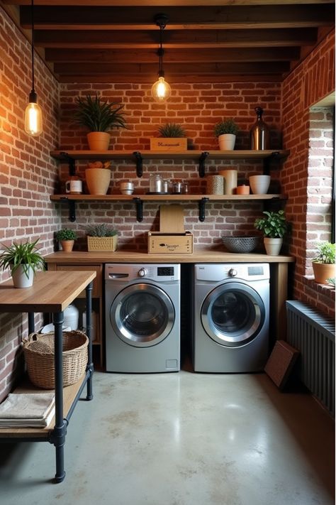 Industrial laundry room with brick walls and metal pipe shelving Brick Wallpaper Laundry Room, Industrial Utility Room, Laundry Room In Basement Ideas, Brick Wall Laundry Room, Modern Industrial Laundry Room, Industrial Laundry Room Ideas, Laundry Room Color Ideas, Industrial Laundry Room, Garage Laundry Room Ideas