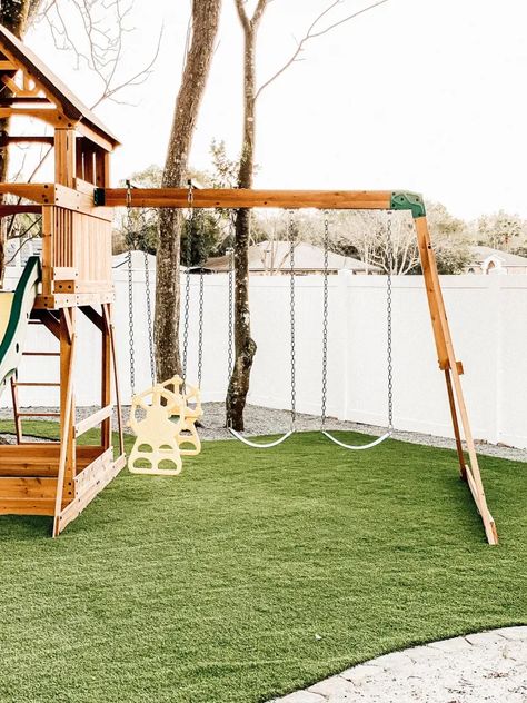 Artificial Turf Backyard, Playground Backyard Diy, Outdoor Play Set, Playground Turf, Artificial Grass Backyard, Turf Backyard, Outdoor Kids Play Area, Backyard Pool Design, Turf Installation