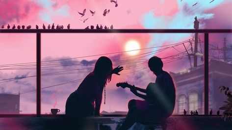 Couple Guitar Art, Guitar Couple Anime, Couple Playing Guitar, 16:9 Backgrounds, Zac Retz, Edit Quotes, Navratri Puja, Song Images, Persona Anime