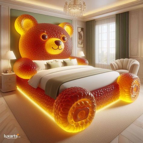 Gummy Bear Beds 🍬🐻🛏️ #GummyBearBeds #SweetDreams #WhimsicalSlumber Transform your bedroom into a candy wonderland with Gummy Bear Beds. Shaped like oversized gummy bears, these beds add a playful and whimsical touch to any sleep space. Elevate your nighttime routine with Gummy Bear Beds, where every sleep is a sweet adventure. 🌟🍬😴 https://luxarts.net/gummy-bear-beds/ Castle Bedroom Kids, Candy Themed Bedroom, Unusual Beds, Candy Wonderland, Vibrant Bedding, Creative Beds, Bear Bed, Fancy Bedroom, Amazing Bedroom Designs