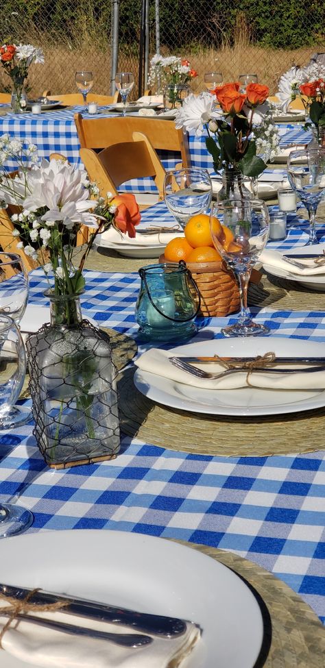 Blue Plaid Table Setting, Orange And Blue Picnic, Blue Checkered Tablecloth Table Settings, Gingham Theme Party, Gingham Party Decor Picnic Theme, Blue And White Picnic Theme, Backyard Flower Party, Blue Gingham Table Setting, Blue Picnic Theme Party