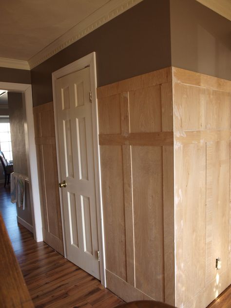 How to transform a foyer with Board and Batten wainscoting - SimplySwider.com Wood Stain Board And Batten, Plywood Wainscoting, Stained Wood Board And Batten Wall, Natural Wood Wainscoting, Tall Wainscoting Ideas, Board And Batten Ideas, High Wainscoting, Board And Batten Hallway, Board And Batten Wainscoting