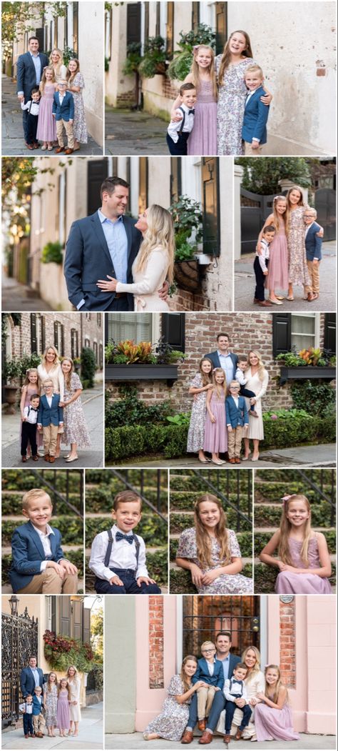 Family of 6 with 4 young children. Family is dressed formal in muted colors against the architecture of historic Charleston. Downtown Charleston Family Photos, Family Photos Charleston Sc, Family Maternity Pictures, Fall Family Portraits, Fall Portraits, Family Of 6, Beach Pic, School Portraits, Downtown Charleston