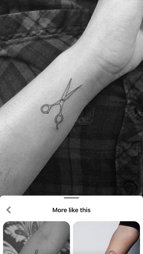 Hair Stylist Tattoo Ideas Cosmetology, Minimalist Scissor Tattoo, Simple Hairstylist Tattoos, Scissors Tattoo Simple, Small Shears Tattoo, Hairstylist Shears Tattoo, Small Hair Stylist Tattoo, Fine Line Scissor Tattoo, Cosmetology Tattoo Ideas