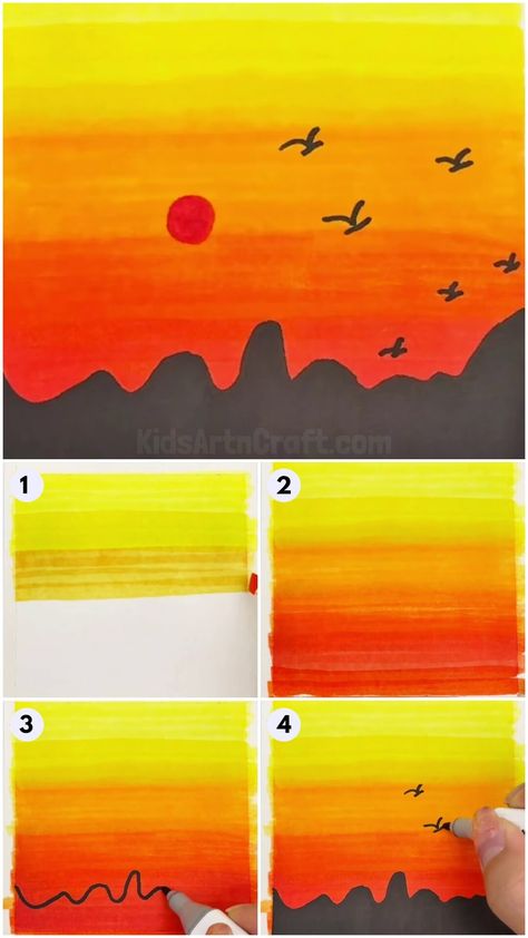 How To Make Sunset Scenery Art Tutorial For Beginners Check more at https://www.kidsartncraft.com/sunset-scenery-art-tutorial/ How To Draw Sunset, Sun Set Drawing, Simple Sunset Painting, Art Tutorial For Beginners, Value Drawing, Drawing Sunset, Sunset Scenery, Scenery Art, Cr7 Ronaldo