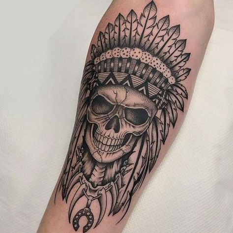 Headdress Tattoo Men, Skull Forearm Tattoo Men, Skull Indian Tattoo, Native Skull Tattoo, Skull With Headdress Tattoo, Native Tattoo For Men, Skull Indian Headdress Tattoo, Indian Skull Tattoo Design, Arms Tattoo Men