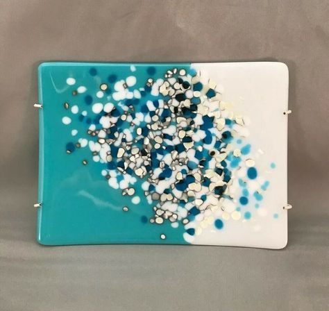 Robin Herndon Kiln Formed Art Glass Decorative Plate Blue White Geometric Water #ArtNouveau Kiln Glass Art, Bubble Candy, Handmade For Sale, Fused Glass Dishes, Slumped Glass, Fused Glass Plates, Kiln Formed Glass, Fused Glass Artwork, Glass Fusing Projects