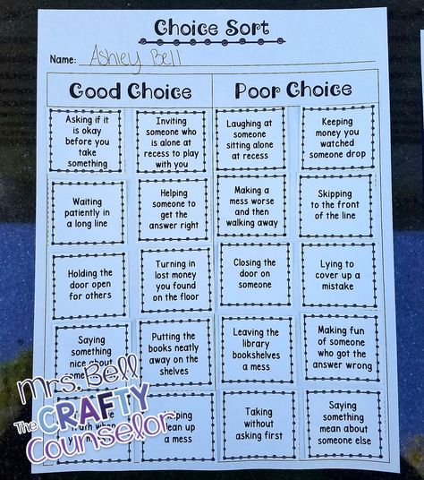 Teaching students the difference between good choices and poor choices is crucial, especially at a young age. Making sure that students can... School Counseling Resources, Making Good Choices, Sel Activities, Behavior Reflection, Kids Sunday School Lessons, Accomplishing Goals, Emotions Activities, Making Choices, Social Emotional Activities