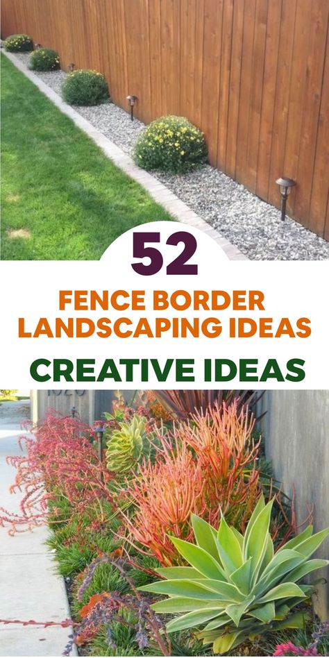 Enhance your outdoor oasis with creative fence border landscaping tips! Elevate your yard with a mix of vibrant flowers and greenery along the fence perimeter. Explore using climbing plants such as clematis or jasmine for added charm and privacy. Opt for easy-to-maintain ornamental grasses or shrubs to enjoy beauty throughout the year. Add decorative touches like trellises, hanging baskets, or outdoor artworks to elevate the visual appeal. Backyard Fence Border Ideas, Backyard Fence Edging Ideas, Fence Corner Landscaping, Landscaping Outside Of Fence, Landscape Fence Border, Planter Along Fence Line, Potted Plants Along Fence, Fence Border Garden, Backyard Fence Covering Ideas