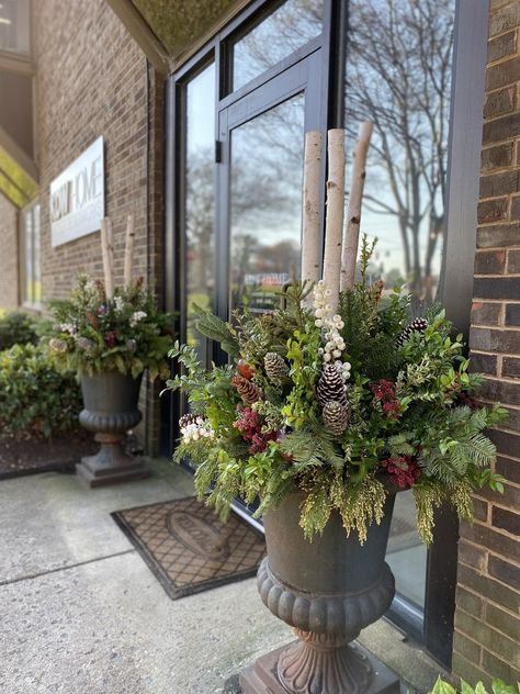 Winter & Holiday Planters: Garden Décor — Contained Creations Large Winter Planters Outdoor, Christmas Front Porch Pots & Planters, Christmas Urn Ideas, Outdoor Planters Christmas, Winter Urns Outdoor Planters, Outdoor Christmas Planters Winter Porch, Christmas Porch Pots Planters, Christmas Porch Pots, Holiday Planters