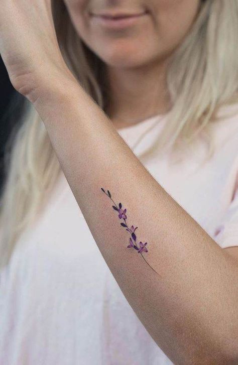 Small Violet Tattoo Flower, I Am Because You Were Tattoo With Flower, Iris Wrist Tattoo, Violet Wrist Tattoo, Small Summer Tattoo Ideas, Lavender Tattoo Ideas, Violet And Lavender Tattoo, Violet And Iris Tattoo, Lavender Tattoo Wrist