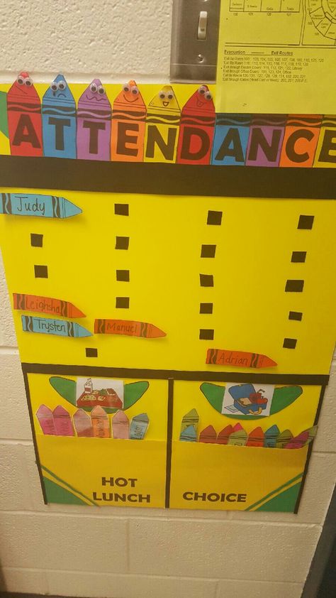 Classroom Attendance/Lunch Chart - 2nd Grade Classroom Attendance Chart, Lunch Chart, Attendance Ideas, Crayon Themed Classroom, Classroom Attendance, Attendance Chart, Infant Classroom, Prek Classroom, Preschool Bulletin