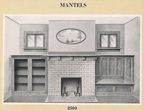 Universal Millwork 1920  Mission style hearth with built in bookcase and inglenook seat. The seat lifts up for storage. Craftsman Built Ins, Bungalow Fireplace, Craftsman Style Fireplace, Craftsman Style Interior, Craftsman Style Interiors, Craftsman Fireplace, Craftsman Interior, Fireplace Built Ins, Arts And Crafts House