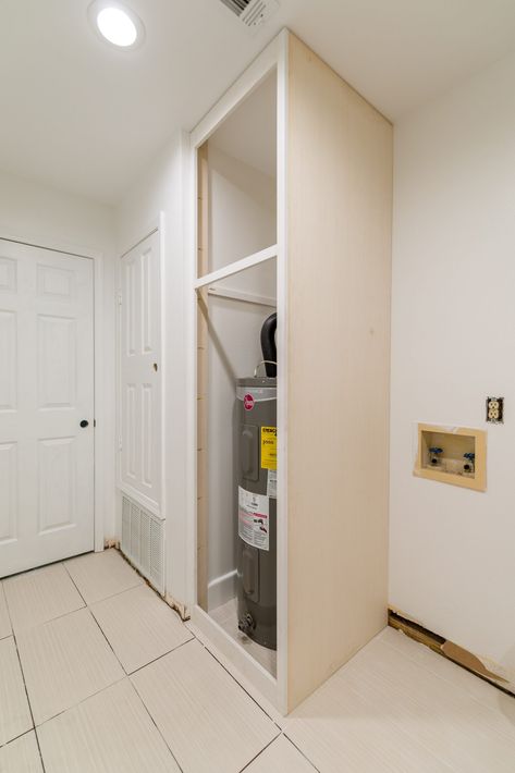 Custom hot water heater cabinet Conceal Hot Water Heater, Laundry Room Ideas With Hot Water Heater, Hide Boiler In Laundry Room, Laundry Room Ideas With Water Heater, Cover Water Heater Ideas, Hide Water Heater Laundry Rooms, Hide Hot Water Heater In Laundry Room, How To Hide Water Heater Laundry Rooms, Water Heater Cabinet