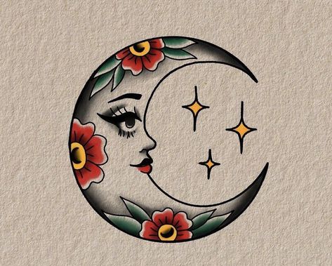 Moon Tattoo Designs Traditional, Mini American Traditional Tattoo, American Trad Sun Tattoo, American Trad Moon Tattoo, Colour Moon Tattoo, American Traditional Mystical Tattoo, Celestial Traditional Tattoo, Groovy Traditional Tattoo, Neo Traditional Sun And Moon Tattoo