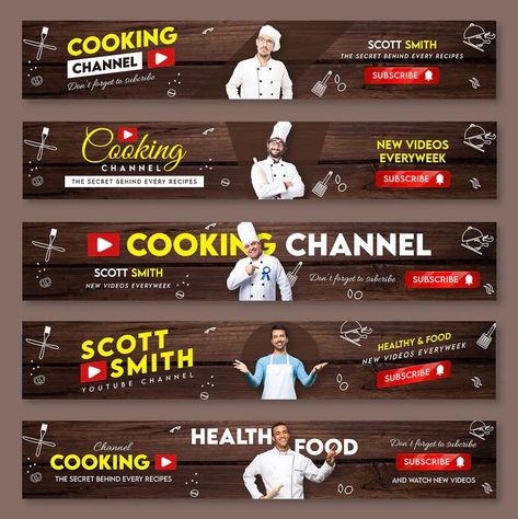 5 Cooking Blog Channel Youtube Cover Templates PSD. Cover Size 2560×1400 px Cooking Blogs, Health Cooking, Youtube Cover, Youtube Thumbnail Design, Youtube Banner Design, Banner Design Inspiration, Youtube Banner Template, Bride Photography Poses, Art Templates