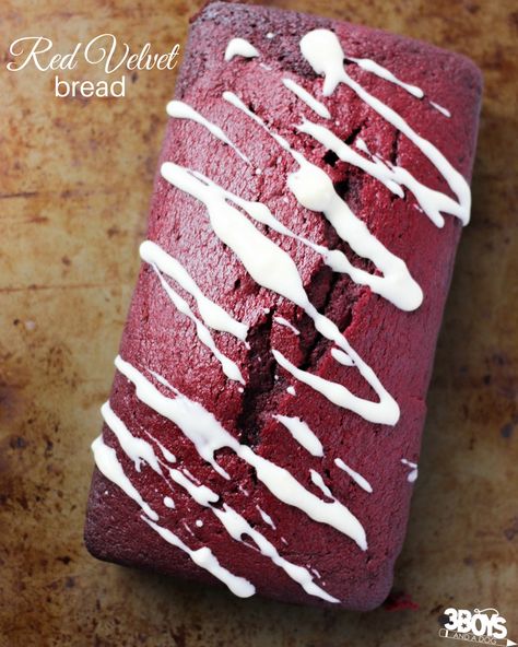 This Red Velvet bread recipe is a great choice for chocolate lovers who want something less indulgent than a cupcake to go with their morning cup of coffee. Red Velvet Bread, Red Velvet Loaf, Cream Cheese Drizzle, Velvet Recipes, Biscuits Recipes, Chocolate Bread, Mini Loaf, Loaf Recipes, Baking Bread