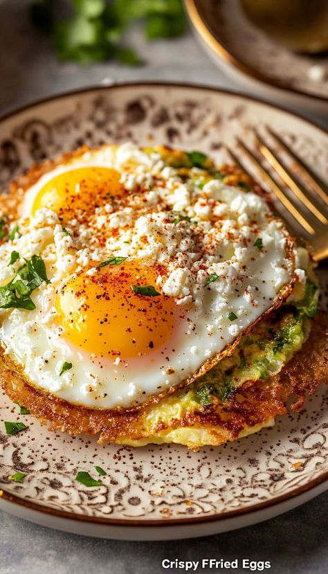 A delightful breakfast treat with a crispy twist! Crispy Feta Fried Eggs feature perfectly fried eggs topped with golden, crispy feta for a savory start to your day! 🍳🧀 Sheet Pan Fried Eggs, Crispy Feta Fried Egg, Feta Eggs Breakfast, Fried Eggs Breakfast, Crispy Feta, Fried Egg Recipe, Fried Feta, Fried Egg Breakfast, Fried Egg Recipes