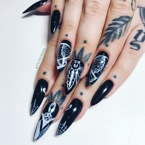 Luna Moth Nails, Ouji Board Nails, Moth Nail Design, Moth Nail Art, Gothic Lace Nails, Moth Nails, Gothic Butterfly Nails, Sharp Claws, Custom Nails