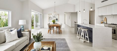 Coral Homes - Home Design Noosaville Narrow Kitchen Skylight, Modern Beach House Design, Hamptons Kitchen, Raked Ceiling, House Elements, Coastal Modern, Modern Beach House, Storey Homes, Hamptons House