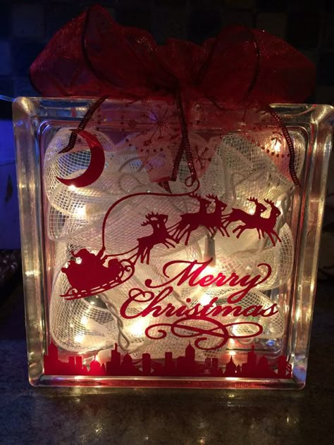 Lighted Christmas Glass Block Decoration by SCoopersCreations Glass Block Crafts Diy, Glass Blocks With Lights, Glass Blocks Ideas, Painted Glass Blocks, Christmas Glass Blocks, Decorative Glass Blocks, Glass Block Ideas, Brick Crafts, Glass Block Crafts