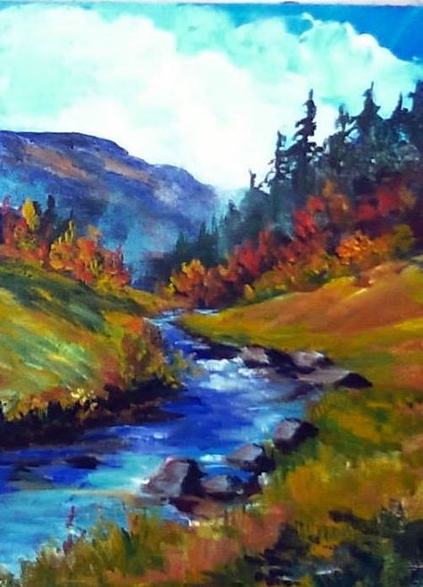 Mountain Stream: This painting was recorded in two parts. So find part 1 first. #gingercooklive #art Mountain Stream Painting, Stream Painting, Original Canvas Painting, Mountain Stream, Landscape Art Painting, Fall Watercolor, Watercolor Landscape Paintings, Mountain Paintings, Nature Paintings