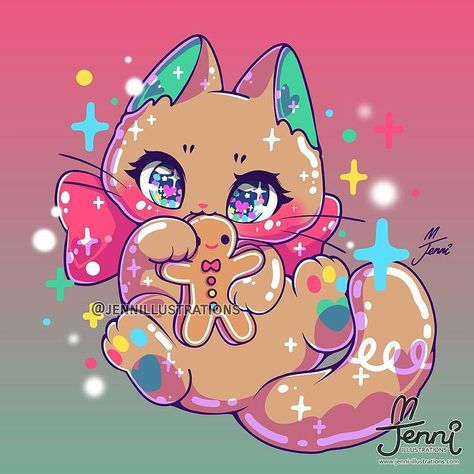 Mimi Kitty, Jenni Illustrations, Cat Gingerbread, Kawaii Cats, Cat Drawings, Images Kawaii, Cute Cat Drawing, Christmas Kitten, Cute Kawaii Animals