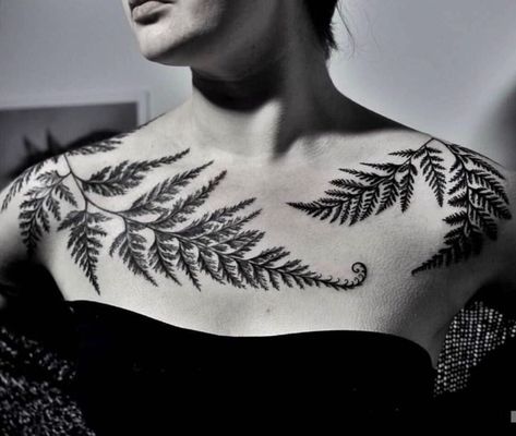 Fern Chest Tattoo, Fern Tattoo, Bone Tattoos, Muster Tattoos, Plant Tattoo, Botanical Tattoo, Collar Bone Tattoo, Nature Tattoos, Other Half