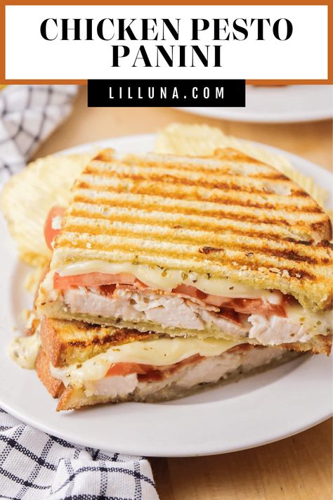 Crispy Chicken Pesto Panini is an Italian flavored sandwich filled with bacon, tomato and gooey mozzarella. It is grilled to perfection! #chickenpanini #panini #sandwich #pesto #pestopanini Best Panini Recipes, Chicken Panini Sandwiches, Chicken Pesto Panini, Best Chicken Enchilada Recipe, Awesome Sandwiches, Pesto Panini, Meat Sandwiches, Panini Recipes Chicken, Chicken Pesto Sandwich