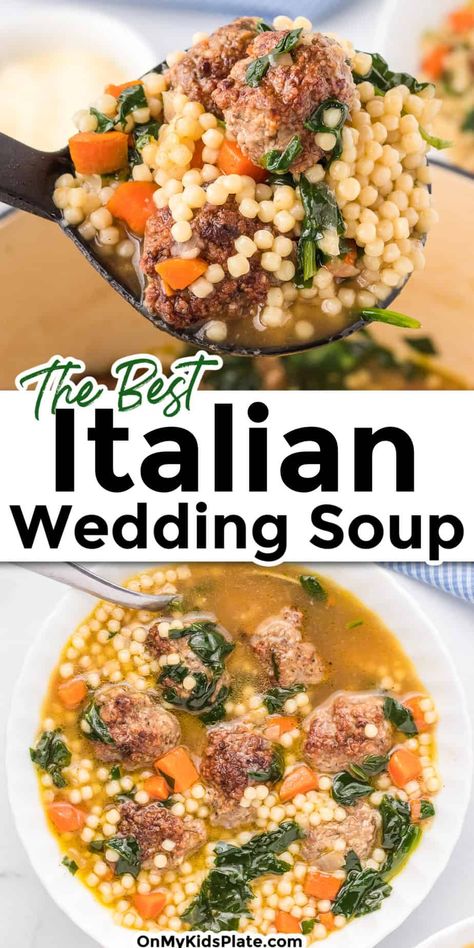 A scoop of Italian wedding soup being lifted with a ladle on top of more soup in a bowl with title text overlay between the images. Authentic Italian Wedding, Easy Italian Wedding Soup, Best Italian Wedding Soup, Wedding Soup Recipe, Italian Soup Recipes, Italian Wedding Soup Recipe, Soup Healthy, Italian Herbs, Wedding Soup