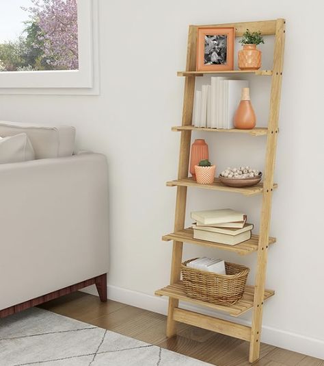 Bookshelf For Bedroom, Decorate Bathroom, Leaning Ladder Shelf, Leaning Bookshelf, Leaning Shelf, Narrow Bookshelf, Wood Storage Shelves, Office Shelving, Ladder Bookshelf