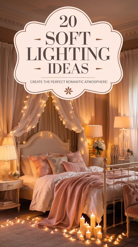 20 Soft Lighting Ideas to Create the Perfect Romantic Bedroom Ambiance! Vintage Ceiling Lights Bedroom, Light Up Decor, Bedroom With Fairy Lights Ideas, Calming Bedroom Lighting, Bedroom Corner Lighting Ideas, How To Layer Lighting, Indoor Fairy Lights Ideas, Unique Bedroom Lighting, Soft Romantic Bedroom