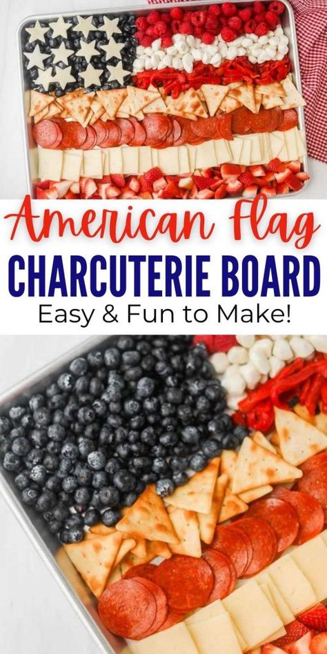 This American Flag Charcuterie Board is so adorable for a patriotic snack to share at your next Memorial Day or 4th of July event. Check out these step by step instructions on how to make this cute charcuterie board. #eatingonadime #patrioticfood #americanflagfood #charcuterieboard American Flag Fruit Tray, Flag Charcuterie Board, Cute Charcuterie Board, Patriotic Charcuterie Board, Recipes 4th Of July, Cute Charcuterie, 4th July Food, Memorial Day Foods, Meat Trays