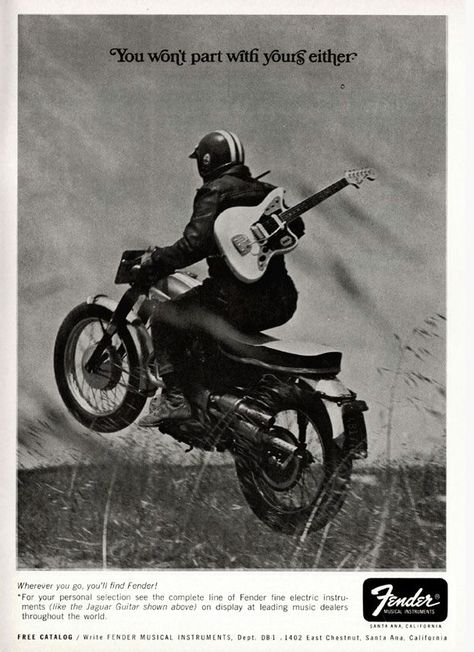 “You Won’t Part With Yours Either” 1960s Fender Ad Campaign – Forgotten Guitar Guitar Lessons Fingerpicking, Best Guitar Players, Cafe Racer Girl, Fender Vintage, Fender Guitar, Cafe Racer Bikes, Vintage Guitar, Fender Jaguar, Triumph Motorcycles