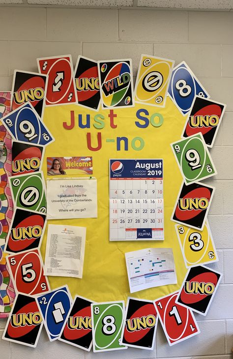 Title 1 Bulletin Board Ideas, Superbowl Bulletin Boards, Uno Vbs Decorations, Scrabble Classroom Door, Uno Door Decorations, Elementary School Lobby Decorating Ideas, Gaming Theme Classroom, Tik Tok Bulletin Board Ideas, Game Of Life Classroom Theme