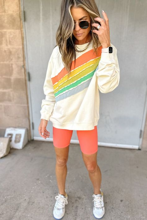 Colorful Activewear, Colorblock Sweatshirt, Drawstring Waist Pants, Crewneck Style, Striped Pullover, Color Block Sweatshirt, Rainbow Stripes, Casual Wardrobe, Cotton Style