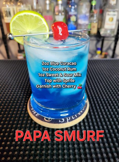 Blue Sourpuss Drinks, Sourpuss Drinks, Drinks With Coconut Rum, Creative Alcoholic Drinks, Acholic Drinks, Bar Drink Recipes, Mojito Cupcakes, Alcoholic Recipes, Coconut Rum Drinks