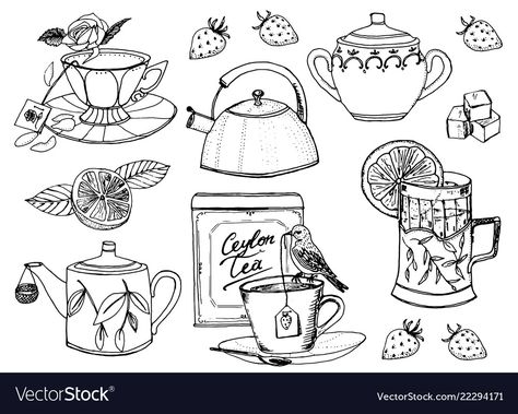 Sweet Tea Drawing, Kettle Tattoo, Tea Drawing, Cute Vector Illustration, Time Vector, Farm Products, Tea Decor, Sketch Ink, Cute Vector