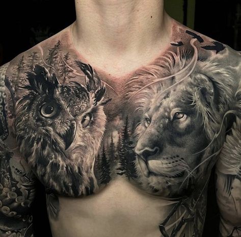 Chest Tattoo Animal, Chest Neck Tattoo, Owl Tattoo Chest, Lion Chest Tattoo, Owl Tattoo Sleeve, Full Chest Tattoos, Small Chest Tattoos, Mens Lion Tattoo, Skull Sleeve Tattoos