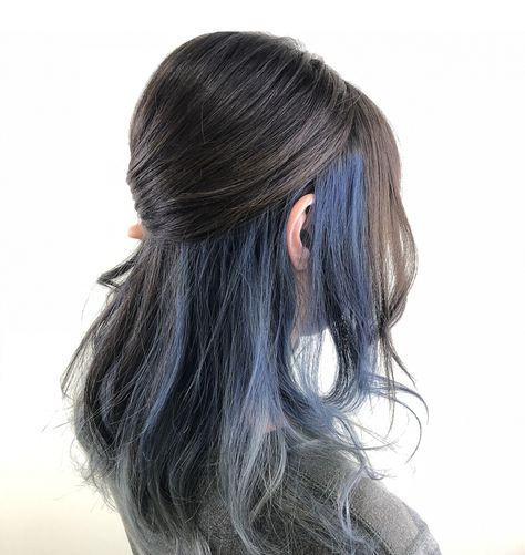 Ash Blue Peekaboo Hair, Denim Blue Peekaboo Hair, Silver Blue Peekaboo Hair, Under Dyed Hair Blue, Light Blue Peekaboo Hair, Black Hair Peekaboo, Blue Underdye Hair, Blue Underneath Hair, Brown Hair Blue Highlights