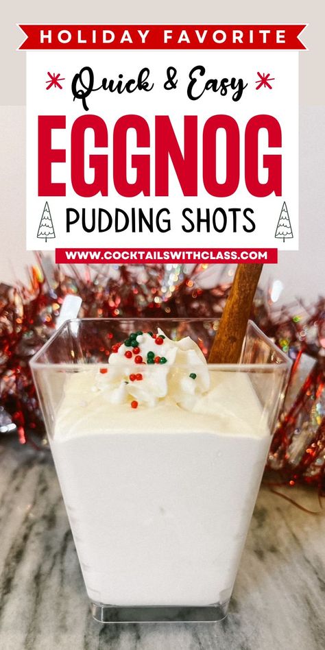 eggnog pudding shots Eggnog Shots Recipe, Pudding Shots Christmas, Eggnog Shots, Holiday Pudding Shots, Eggnog Recipe With Alcohol, Christmas Pudding Shots, Eggnog Pudding Shots, Egg Nog Cocktail, Thanksgiving Pudding