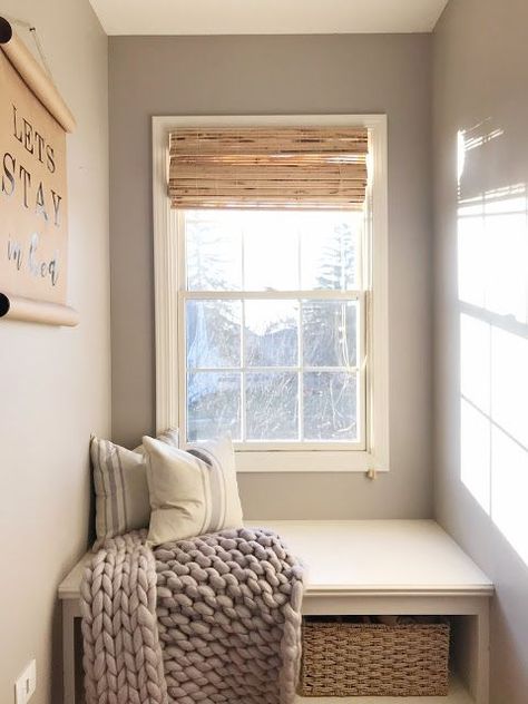 Nursery Dormer Window, Small Window Nook Ideas Bedroom, Reading Nook Dormer Window, Window Seat Alcove, Couch Between Two Windows, Bedroom Dormer Window Ideas, Small Dormer Window Ideas, Dormer Window Treatments, Window Nook Ideas Bedroom