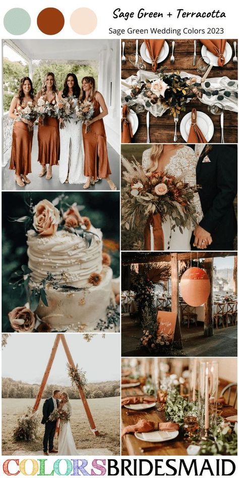 Sage Green And Caramel Wedding, Boho Terracotta Wedding Dress, Greenery And Rust Wedding, Rust Terracotta Sage Green Wedding, Wedding Sage Color Schemes, Rust And Sage Wedding Cake, 2023 Wedding Palette, Rust Beige Sage Green Centerpieces, Terracotta Country Wedding