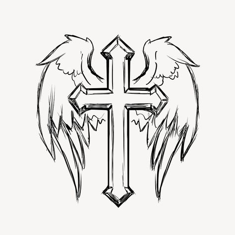 Download free psd / image of Winged Christian cross drawing, religious illustration psd. Free public domain CC0 image. about angel wings, heaven angel, tattoo design, cross with wings, and tattoo 6287953 Simple Angel Tattoos, Cross With Wings Tattoo, Wings Card, Cross Coloring Page, Cross With Wings, Angel Wings Illustration, Cross Drawing, Christ Cross, Angel Wings Design