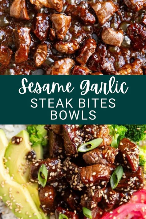 Sesame Garlic Steak Bites Bowls with rice, steamed broccoli, pickled red onions, and avocado. Tender hunks of beef get crisped up in a skillet with the most amazing sweet and savory sticky sauce. Healthy Steak Dinner, Garlic Steak Bites, Asian Steak, Asian Steak Bites, Healthy Steak, Steak And Broccoli, Steak And Rice, Steak Bites Recipe, Garlic Steak