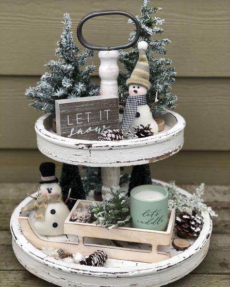 @decorwannabee on Instagram: “Keeping up my trees and added the cute Let it Snow sign and Let’s Cuddle candle from Target 🎯 BP. ❄️❄️❄️” Tiered Tray Decor Winter, Winter Theme Tiered Tray Decor, Snow Tiered Tray Decor, Farmhouse Winter Tiered Tray Decor, Winter Tray, Snowman Tin Tiered Serving Tray, After Christmas Decor, January Decor, Tray Decor Christmas