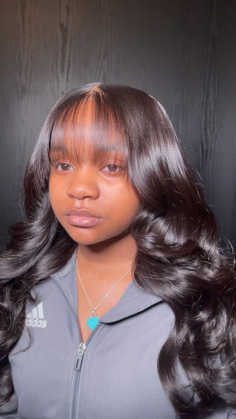 TOPNOTCHHANDS LLC | Complimenting bangs 🫧 Lace Resv. | Closure Sewin: Fringe, Curls Online scheduling available with @topnotchhands ——— #chicagohairstylist... | Instagram Closure Bangs Sew In, See In With Bangs, Quick Weave Bangs, Wig Hairstyles With Bangs, Bangs On Wig, Bang Wig Hairstyles, Bangs With Curls, Bang Wigs, Wavy Hair With Bangs